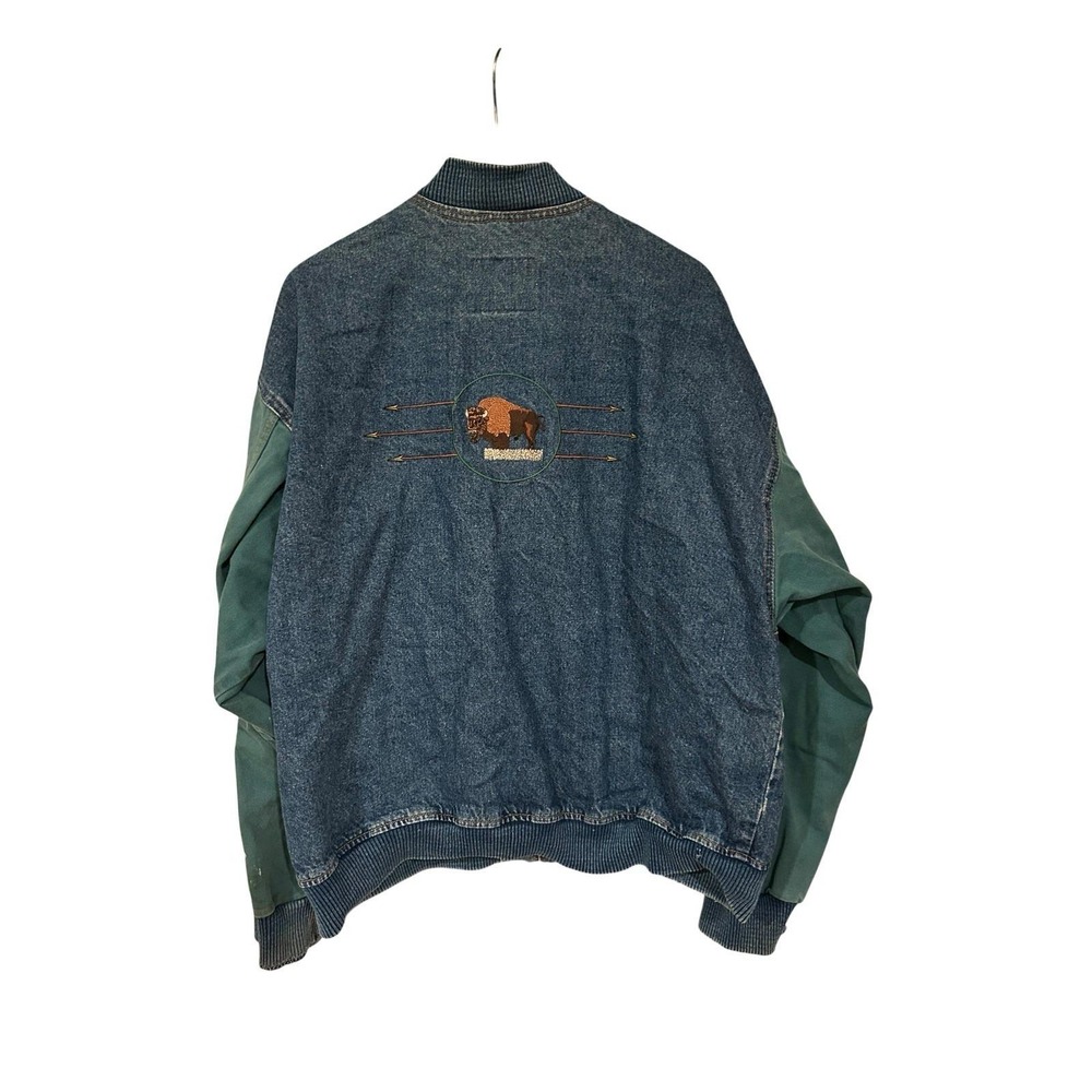 Vtg‎ Men's Denim Baseball Style Jacket Embroidered Buffalo Front Hit Back Hit XL